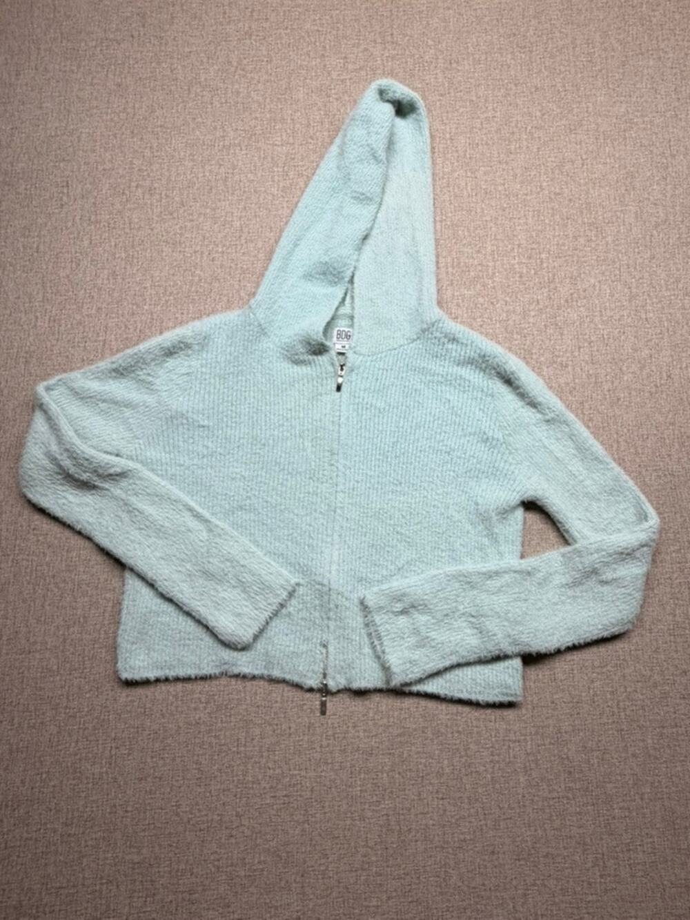 BDG Urban Outfitters Fuzzy Knit Cropped Zip Up Hoodie Sweater Light Blue Medium